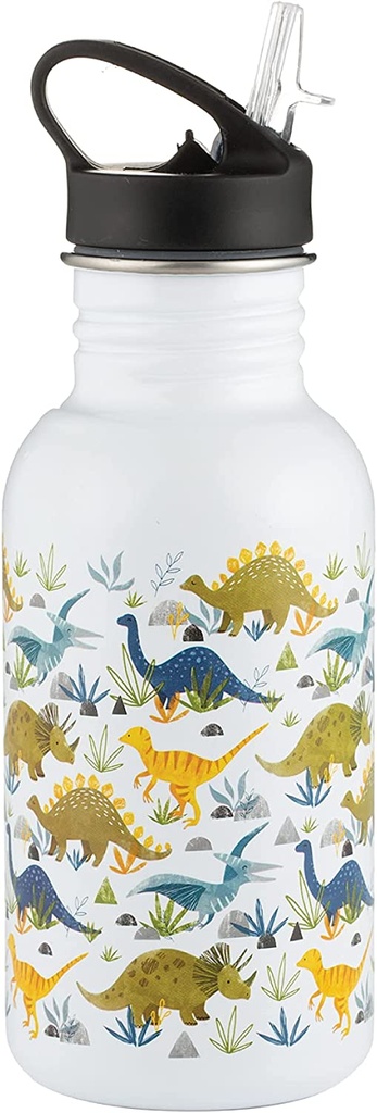 Botella Infantil de agua de acero con tapa abatible, diseño de dinosaurio