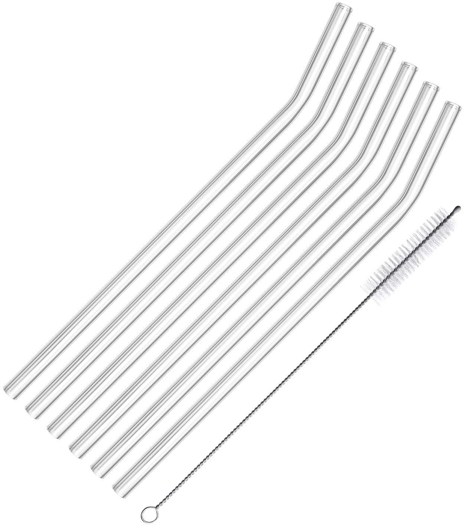 Set de pajitas de vidrio curvas 6 uds. + cepillo