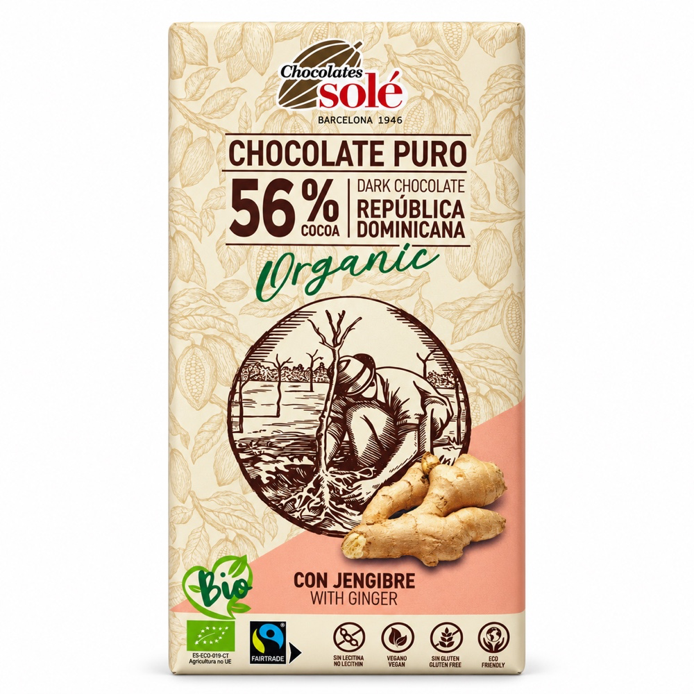 Chocolate negro 56% cacao con Jengibre Bio
