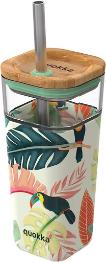 [2954] Vaso de cristal con pajita de acero inoxidable y funda de silicona- Tucanes