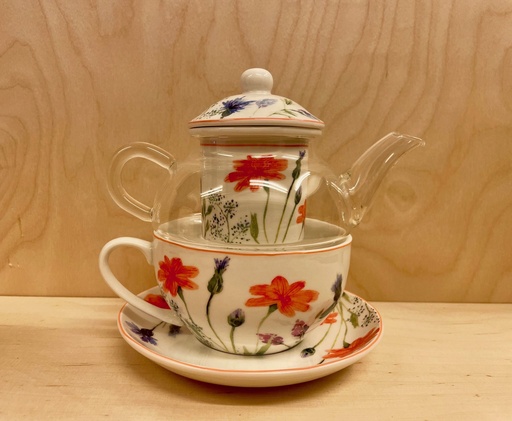 [2802] Tea for one - Juego de té (3 piezas, tetera con taza y platillo, diseño de Amapolas