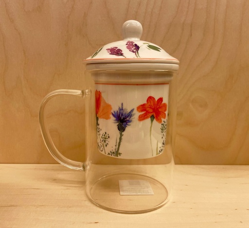 [2801] Taza Mug de Cristal con Filtro para té y Tapa de Porcelana Flores