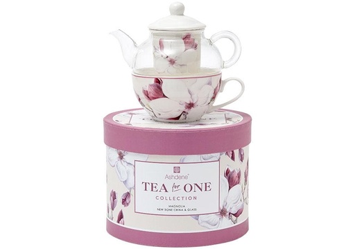 [1862] Tea for one - Juego de té (3 piezas, tetera con taza y platillo, diseño de Magnolias